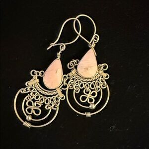 Elegant alpaca Silver and Pink rose, quartz Dangle Earrings. Handmade in Peru.